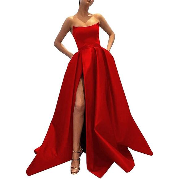MllesReve Red Strapless Satin Prom Dress Size 12 Slit Evening Ball Gown Pockets - Picture 1 of 5